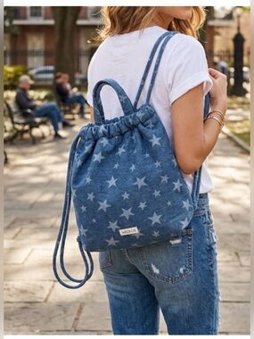 Wildfox Blue Starprint Denim Drawstring Backpack